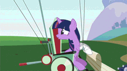 Size: 700x394 | Tagged: animated, anvil, cart, cartoon violence, circling stars, derpibooru import, feeling pinkie keen, flower pot, hay bale, injured, ouch, piano, safe, screencap, slapstick, solo, twilight sparkle, twilybuse, wheelchair