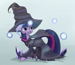 Size: 1400x1200 | Tagged: safe, artist:solar-slash, derpibooru import, twilight sparkle, pony, unicorn, clothes, crossover, crystal, cute, dark souls, female, floppy ears, frown, glare, glow, glowing horn, gray background, hat, lidded eyes, looking back, magic, mare, orb, robes, simple background, solo, torn clothes, unicorn twilight, witch, witch beatrice, witch hat