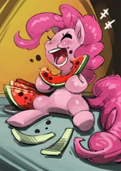Size: 496x702 | Tagged: artist:bittenhard, derpibooru import, eating, eyes closed, food, messy, open mouth, pinkie pie, safe, sitting, smiling, solo, watermelon