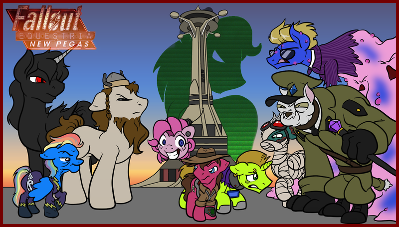 Size: 1300x740 | Tagged: safe, derpibooru import, rainbow dash, oc, oc:cherry pie, oc:god, oc:pink-e, earth pony, pegasus, pony, unicorn, fallout equestria, fallout equestria: new pegas, fanfic, fanfic art, female, floppy ears, hooves, mare, ministry mares, new pegas, teeth