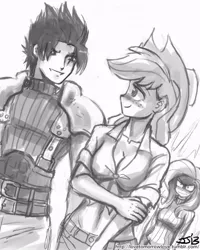 Size: 800x1000 | Tagged: applejack, artist:johnjoseco, blushing, breasts, busty applejack, clothes, crossover, derpibooru import, final fantasy, final fantasy vii, fluttershy, front knot midriff, grayscale, human, humanized, jealous, midriff, monochrome, safe, sweater, sweatershy, zack fair, zapplejack