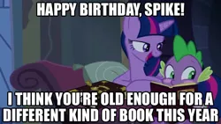 Size: 640x360 | Tagged: suggestive, derpibooru import, spike, twilight sparkle, twilight sparkle (alicorn), alicorn, pony, book, exploitable meme, female, image macro, implied porn, male, mare, meme, shipping, spike blushing at a book meme, straight, twilight's bad pickup lines, twispike