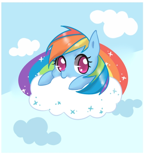 Size: 851x916 | Tagged: safe, artist:dun, derpibooru import, rainbow dash, cloud, cloudy, cute, dashabetes, leaning, looking at you, nom, pixiv, prone, smiling, solo, sparkles