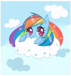 Size: 851x916 | Tagged: safe, artist:dun, derpibooru import, rainbow dash, cloud, cloudy, cute, dashabetes, leaning, looking at you, nom, pixiv, prone, smiling, solo, sparkles