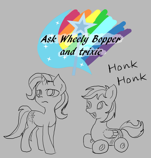 Size: 2868x2987 | Tagged: safe, artist:owlvortex, derpibooru import, trixie, oc, oc:wheely bopper, original species, pegasus, unicorn, wheelpone, ask wheely bopper and trixie, ask, cute, female, frown, honk, honk honk, lidded eyes, looking away, mare, open mouth, smiling, tumblr