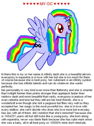 Size: 692x926 | Tagged: safe, derpibooru import, oc, oc:infinity dash, unofficial characters only, alicorn, pony, alicorn oc, donut steel, female, mare, mary sue, solo, text