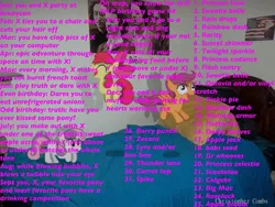 Size: 960x720 | Tagged: apple bloom, applejack, babs seed, bed, big macintosh, birthday game, cutie mark crusaders, derpibooru import, exploitable meme, fluttershy, irl, mane six, meme, photo, pinkie pie, ponies in real life, princess cadance, princess celestia, princess luna, rainbow dash, rarity, safe, scootaloo, shining armor, spike, sweetie belle, text, twilight sparkle