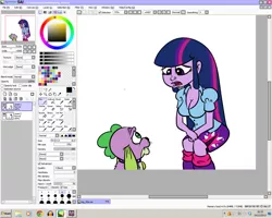 Size: 1280x1024 | Tagged: safe, artist:catfood-mcfly, derpibooru import, spike, twilight sparkle, dog, equestria girls, breasts, busty twilight sparkle, cleavage, clothes, collar, female, incestria girls, paint tool sai, shirt, skirt, spike the dog, wip