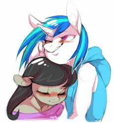 Size: 800x866 | Tagged: safe, artist:dogrot, derpibooru import, octavia melody, vinyl scratch, anthro, blushing, blushing profusely, clothes, cute, eyes closed, female, floppy ears, hoodie, lesbian, scratchtavia, shipping, sleeveless, tavibetes, vinylbetes