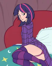 Size: 640x800 | Tagged: artist:jalm, ass, bed, clothes, derpibooru import, female, human, humanized, light skin, panties, socks, solo, solo female, striped socks, suggestive, twilight sparkle, underwear