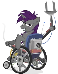 Size: 4404x5550 | Tagged: absurd resolution, artist:jittery-the-dragon, derpibooru import, minigun, oc, oc:sparky scamper, safe, solo, unofficial characters only, upgrades, wheelchair