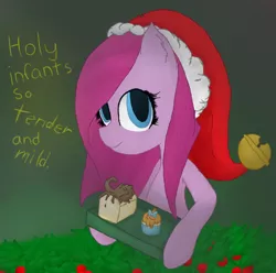 Size: 724x719 | Tagged: semi-grimdark, artist:twithehedgehog, derpibooru import, pinkie pie, pound cake, pumpkin cake, pony, fanfic:cupcakes, christmas, cupcake, female, foal abuse, hat, implied cannibalism, implied death, implied murder, looking at you, mare, pinkamena diane pie, santa hat, solo, song