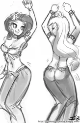 Size: 650x1000 | Tagged: applejack, armlet, armpits, artist:johnjoseco, belly button, belly dancer, belly dancer outfit, bracelet, breasts, dancing, derpibooru import, ear piercing, earring, edit, female, females only, grayscale, harem outfit, hooped earrings, human, humanized, jewelry, monochrome, piercing, rarity, suggestive