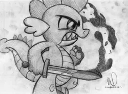 Size: 1024x749 | Tagged: angry, artist:drawponies, attack, blood, derpibooru import, dragon, drawing, flaming sword, fury, gray background, grayscale, intense, male, monochrome, pencil drawing, semi-grimdark, simple background, sketch, solo, spike, sword, traditional art, weapon