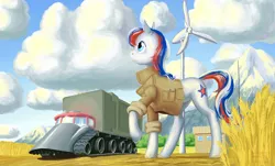 Size: 1100x664 | Tagged: artist:adeptus-monitus, cloud, cloudy, derpibooru import, grain, harvester, mountain, nation ponies, oc, oc:marussia, russia, safe, solo, unofficial characters only, wind turbine generator