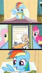 Size: 581x1000 | Tagged: safe, derpibooru import, edit, edited screencap, screencap, rainbow dash, earth pony, pegasus, pony, read it and weep, bed, book, book cover, comic, hospital bed, james and the giant peach, meme, reading rainbow, screencap comic