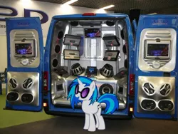 Size: 600x450 | Tagged: safe, artist:jaelachan, artist:kartracer17, derpibooru import, vinyl scratch, pony, unicorn, amplifier, cutie mark, female, hooves, horn, irl, mare, monitor, open mouth, pc, photo, ponies in real life, solo, speakers, sunglasses, van, vector