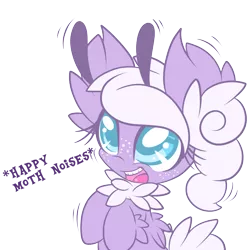 Size: 2800x2800 | Tagged: artist:starlightlore, cute, derpibooru import, descriptive noise, filly, freckles, happy, happy moth noises, meme, moth noises, mothpony, moth pony general, oc, oc:dandelion, open mouth, original species, safe, simple background, smiling, solo, transparent background, unofficial characters only, wiggle