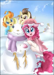 Size: 3434x4775 | Tagged: safe, artist:pridark, derpibooru import, derpy hooves, dinky hooves, pinkie pie, pound cake, pumpkin cake, pegasus, pony, clothes, coat, cute, female, hat, mare, older, pridark is trying to murder us, santa hat, scarf, snow, snowpony, socks