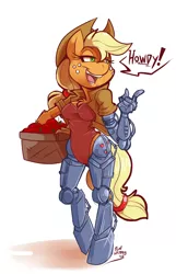 Size: 2818x4385 | Tagged: absurd resolution, amputee, anthro, apple, appleborg, applejack, artist:bluntwhiskey, bipedal, breasts, bunnie rabbot, chest fluff, cleavage, clothes, crossover, cyborg, derpibooru import, dialogue, female, hooves, open mouth, prosthetic limb, prosthetics, safe, satam, solo, sonic the hedgehog (series), speech bubble, unguligrade anthro