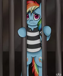 Size: 816x979 | Tagged: safe, artist:muketti, derpibooru import, rainbow dash, pegasus, pony, bipedal, both cutie marks, clothes, female, jail, looking at you, mare, prison, prison outfit, prison stripes, prisoner rd, sad, signature, solo