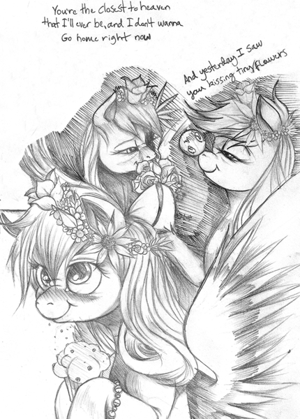 Size: 670x934 | Tagged: safe, artist:derp-my-life, derpibooru import, derpy hooves, pegasus, pony, bedroom eyes, blushing, bracelet, bubble, crumbs, daisy (flower), eating, female, floral head wreath, flowerchild, goo goo dolls, hippie, iris (flower), led zeppelin, lyrics, mare, monochrome, muffin, nose wrinkle, pearl, puffy cheeks, raised hoof, rose, sketch dump, smelling, solo, song reference, that's the way, traditional art