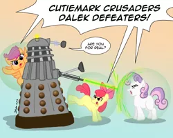 Size: 900x720 | Tagged: apple bloom, artist:the_gneech, crossover, cutie mark crusaders, dalek, derpibooru import, dialogue, doctor who, force field, gradient background, magic, part of a set, safe, scootaloo, sweetie belle, sweetie belle's magic brings a great big smile, this will end in tears, this will end in tears and/or death, this will end in tears and/or death and/or covered in tree sap, tree sap and pine needles