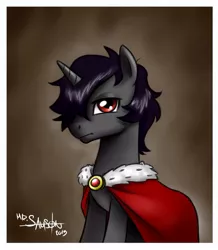 Size: 835x957 | Tagged: safe, artist:mr-samson, derpibooru import, king sombra, pony, unicorn, cape, clothes, handsome, lidded eyes, male, solo, sombra's cape, stallion, stupid sexy sombra, younger