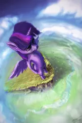 Size: 900x1350 | Tagged: anthro, artist:assasinmonkey, bipedal, chest fluff, cliff, derpibooru import, fisheye lens, fluffy, perspective, river, safe, solo, twilight sparkle, twilight sparkle (alicorn), vertigo