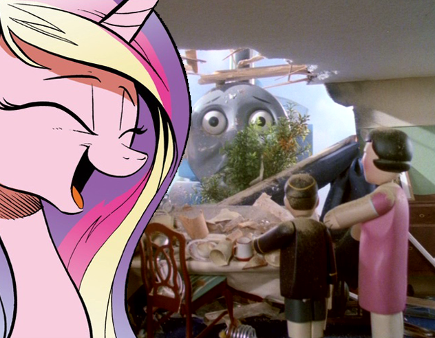 Size: 632x492 | Tagged: breakfast, breakfast is ruined, cadance laughs at your misery, derpibooru import, exploitable meme, meme, obligatory pony, princess cadance, safe, stationmaster, thomas comes to breakfast, thomas the tank engine