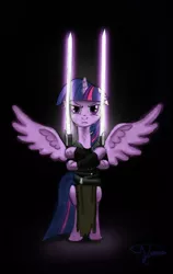 Size: 769x1215 | Tagged: safe, artist:althyra-nex, derpibooru import, twilight sparkle, twilight sparkle (alicorn), alicorn, pony, bipedal, dual wield, female, garen marek, lightsaber, mare, solo, star wars, starkiller, the force unleashed