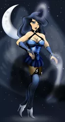 Size: 398x747 | Tagged: artist:ltrm35a2, bedroom eyes, breasts, cleavage, clothes, derpibooru import, female, high heels, human, humanized, light skin, magic, moon, princess luna, solo, solo female, stars, stockings, suggestive