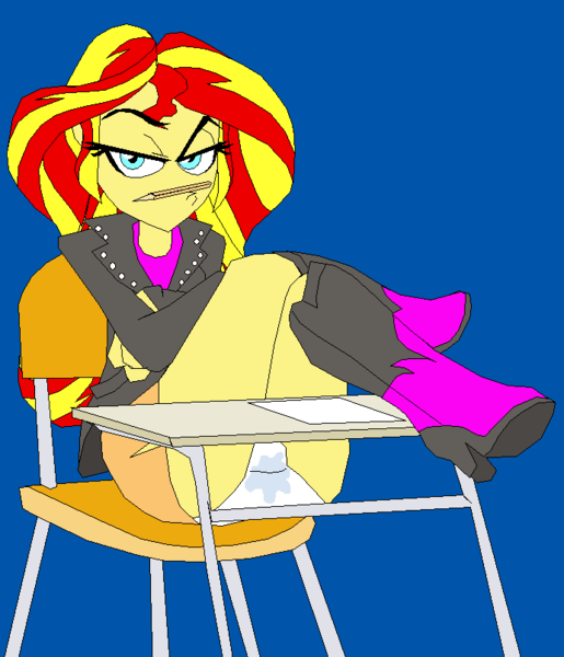 Size: 691x805 | Tagged: questionable, artist:terry, derpibooru import, sunset shimmer, equestria girls, chair, clothes, desk, female, panties, pencil, skirt, skirt lift, solo, solo female, underwear, upskirt, vaginal secretion stain, vaginal secretions, wet panties