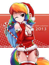 Size: 2400x3203 | Tagged: artist:kinkypinkie, bell, bra, breasts, busty rainbow dash, candy cane, christmas, cleavage, clothes, derpibooru import, evening gloves, female, hat, holly, human, humanized, light skin, lingerie, panties, rainbow dash, santa hat, solo, solo female, stockings, suggestive, tailed humanization, underboob, underwear, winged humanization