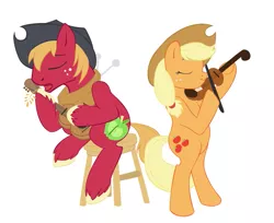 Size: 713x582 | Tagged: safe, artist:tenchi-outsuno, derpibooru import, ponibooru import, applejack, big macintosh, pony, bipedal, fiddle, guitar