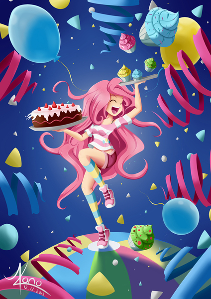 Size: 650x919 | Tagged: action poster, artist:valinhya, ball, balloon, cake, clothes, confetti, cupcake, cute, derpibooru import, diapinkes, eyes closed, female, food, human, humanized, light skin, open mouth, party, pinkie pie, safe, socks, solo, streamers, striped socks, tray