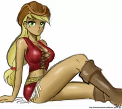 Size: 604x537 | Tagged: applejack, artist:allosaurus, artist:johnjoseco, boots, breasts, busty applejack, clothes, colored, color edit, corset, cosplay, costume, crossover, derpibooru import, edit, female, human, humanized, light skin, nico robin, one piece, simple background, sitting, solo, solo female, suggestive