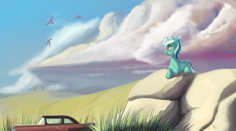 Size: 1800x1000 | Tagged: safe, artist:rublegun, derpibooru import, edit, lyra heartstrings, bird, fanfic:broken toy, car, cloud, cloudy, field, fluffy, illustration, image, nash metropolitan, png, prone, rock, scenery, smiling, solo, unshorn fetlocks, windmill