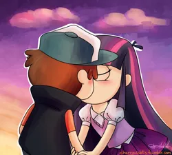 Size: 1061x953 | Tagged: artist:cherryviolets, blushing, crossover, crossover shipping, derpibooru import, diplight, dipper pines, gravity falls, human, humanized, kissing, light skin, safe, shipping, style emulation, twilight sparkle