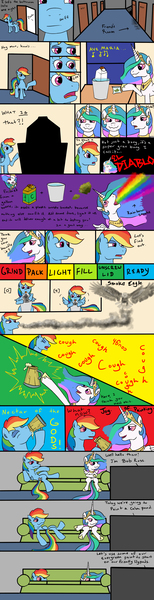 Size: 1560x6084 | Tagged: artist:bees, bob ross, bong, cider, comic, couch, derpibooru import, drugs, drug use, gravity bong, joy of painting, princess celestia, rainbow dash, safe, smoke