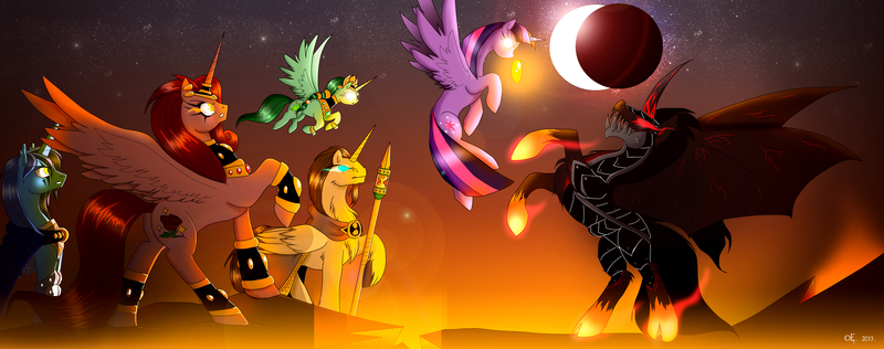 Size: 5940x2349 | Tagged: safe, artist:yula568, derpibooru import, twilight sparkle, twilight sparkle (alicorn), ponified, alicorn, dracony, hybrid, pony, alexstrasza, crossover, deathwing, dragon soul, eclipse, female, flying, glowing eyes, gritted teeth, kalecgos, mare, neltharion, nozdormu, rearing, solar eclipse, spread wings, warcraft, world of warcraft, ysera