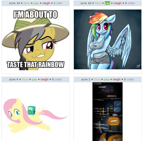 Size: 665x651 | Tagged: bmo, breasts, busty rainbow dash, daring do, derpibooru, derpibooru import, exploitable meme, female, fluttershy, juxtaposition, juxtaposition win, meme, meta, rainbow dash, smugdash, suggestive