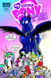 Size: 688x1044 | Tagged: safe, artist:andypriceart, derpibooru import, idw, princess celestia, princess luna, andy you magnificent bastard, bloodshot eyes, caffeine, celestia is not amused, coffee, cover, cup, frown, funny, funny as hell, logo, luna found the coffee, open mouth, smiling, spread wings, tongue out, unamused, wide eyes