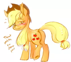 Size: 653x574 | Tagged: applejack, artist:softcoremirth, bedroom eyes, blushing, derpibooru import, dialogue, embarrassed, female, lip bite, looking at you, looking back, plot, raised leg, simple background, solo, solo female, suggestive, underhoof