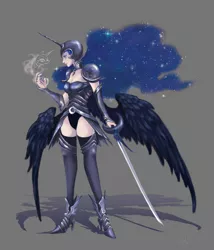 Size: 1285x1500 | Tagged: armor, artist:yucao, breasts, derpibooru import, female, helmet, horned humanization, human, humanized, light skin, nightmare moon, pixiv, solo, solo female, suggestive, sword, weapon, winged humanization