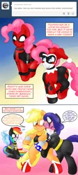 Size: 1770x3967 | Tagged: suggestive, artist:blackbewhite2k7, derpibooru import, applejack, pinkie pie, rainbow dash, rarity, pony, appledash, ask, batman, bipedal, blushing, catwoman, comic, crossover, deadpool, female, fondling, harley quinn, lesbian, ot3, parody, raridash, rarijack, rarijackdash, shipping, wingboner, wonder woman