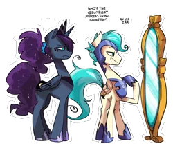 Size: 1701x1434 | Tagged: alternate design, armor, artist:herny, dead source, derpibooru import, luna-afterdark, mirror, night guard, oc, oc:freefall, ponytail, princess luna, safe, unamused