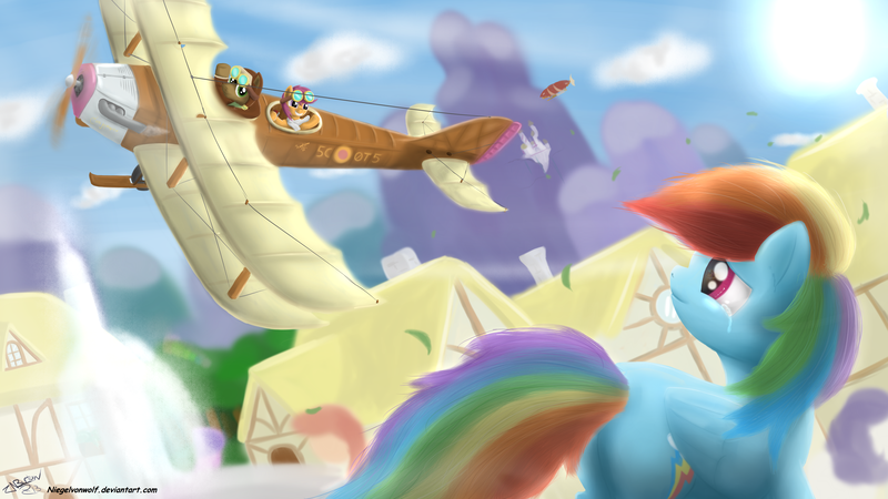 Size: 7680x4320 | Tagged: absurd resolution, artist:niegelvonwolf, crying, derpibooru import, oc, plane, rainbow dash, safe, scootaloo, scootaloo can fly, steampunk, tears of joy