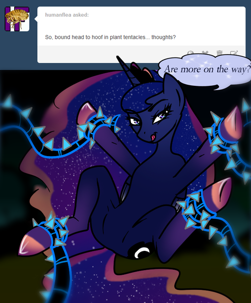 Size: 651x784 | Tagged: suggestive, artist:zombiecollie, derpibooru import, princess luna, bedroom eyes, bondage, featureless crotch, female, licking lips, looking at you, lunaughty, lusty luna, restrained, smiling, solo, solo female, spread legs, tongue out, tumblr