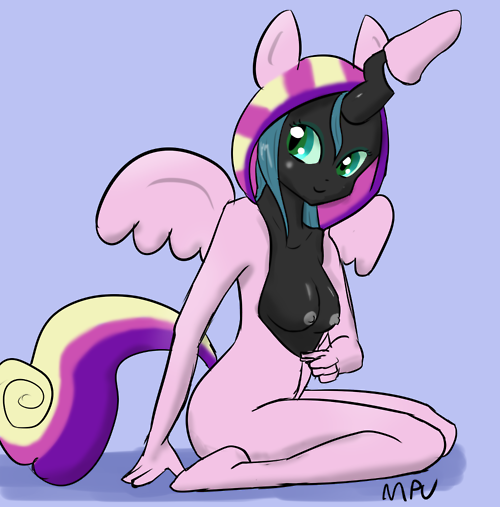 Size: 500x507 | Tagged: 30 minute art challenge, ambiguous facial structure, anthro, artist:empyu, breasts, clothes, derpibooru import, female, footed sleeper, nipples, nudity, pajamas, princess cadance, queen chrysalis, questionable, solo, solo female